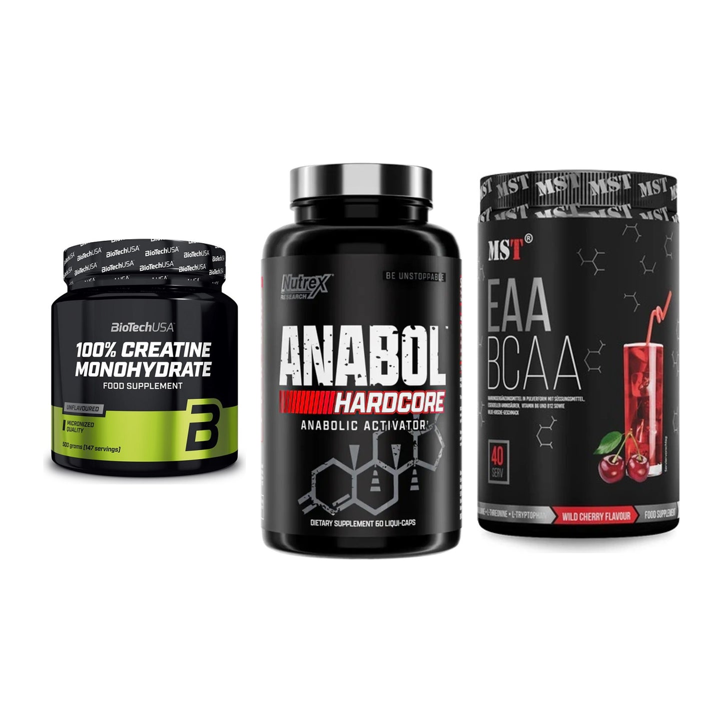 Kraft-Stack: BioTech Creatine + Nutrex Anabol + MST EAA & BCAA – alle enthaltenen Artikel