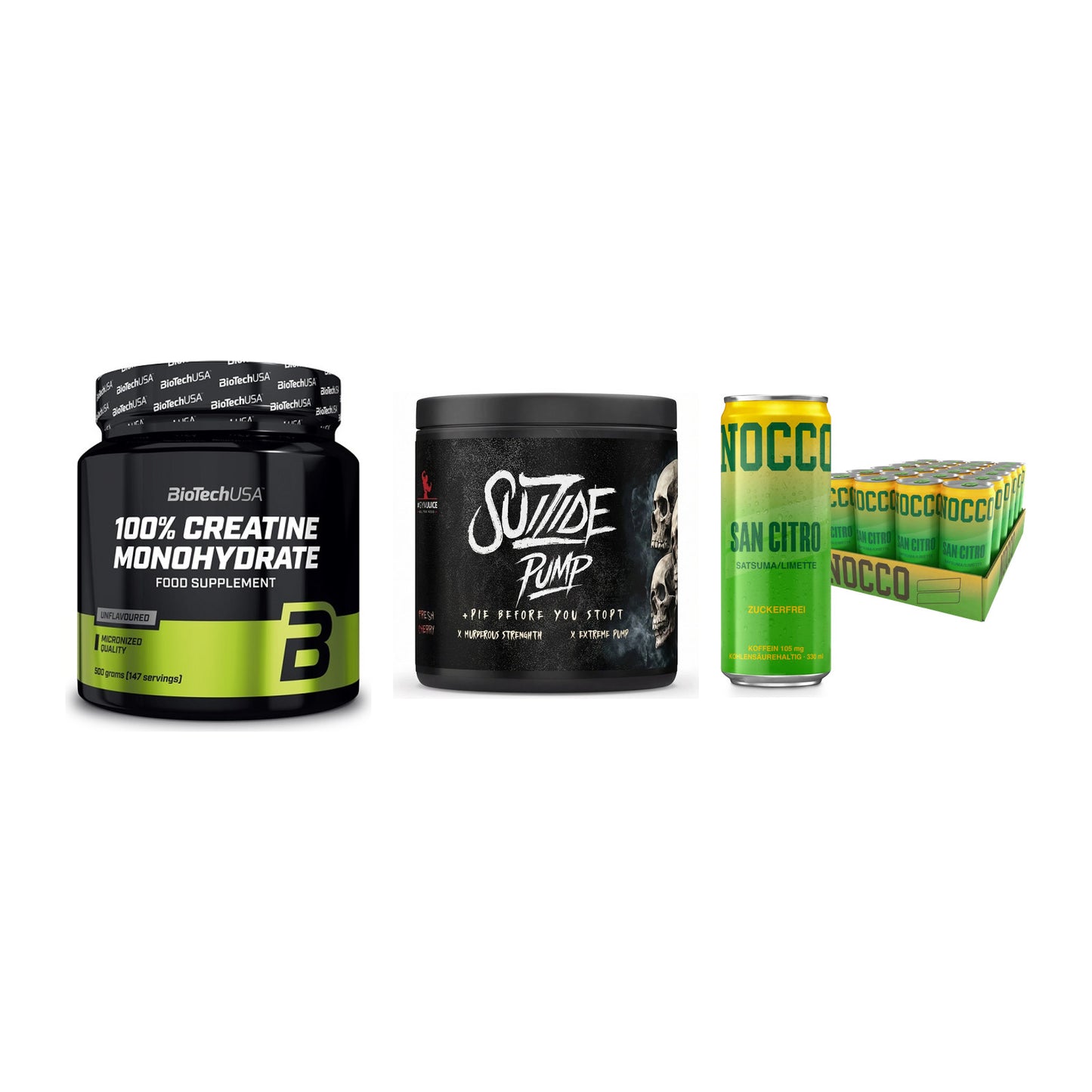 Kraft-Stack: BioTech Creatine + #GYMJUICE SUIZIDE + Nocco BCAA Drink – alle enthaltenen Artikel