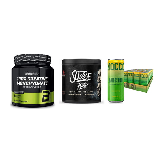 Kraft-Stack: BioTech Creatine + #GYMJUICE SUIZIDE + Nocco BCAA Drink – alle enthaltenen Artikel