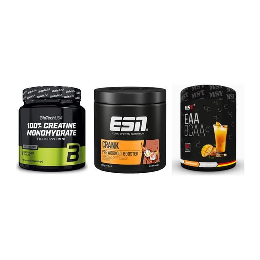 Kraft-Stack: BioTech Creatine + ESN Crank Booster + MST EAA & BCAA – alle enthaltenen Artikel