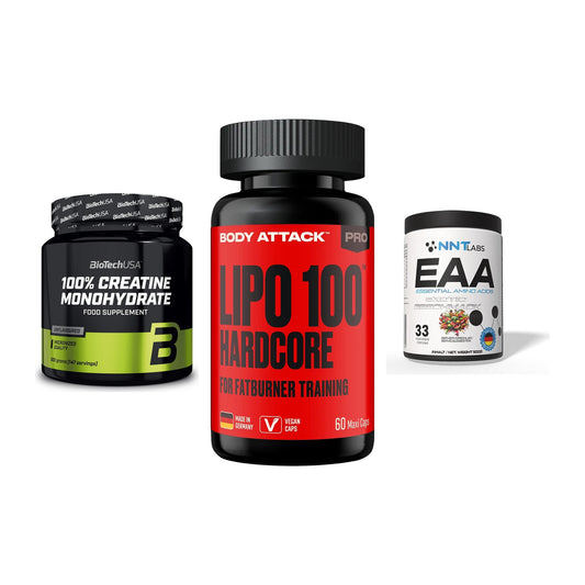 Kraft-Stack: BioTech Creatine + Body Attack LIPO + NNT EAA – alle enthaltenen Artikel