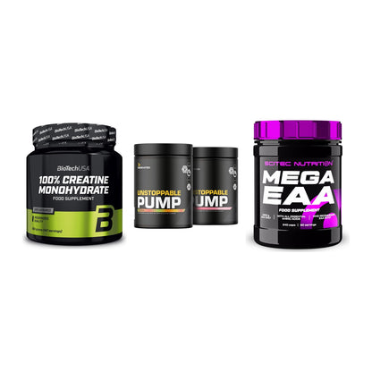 Kraft-Stack: BioTech Creatine + Dedicated + Scitec Mega EAA – alle enthaltenen Artikel