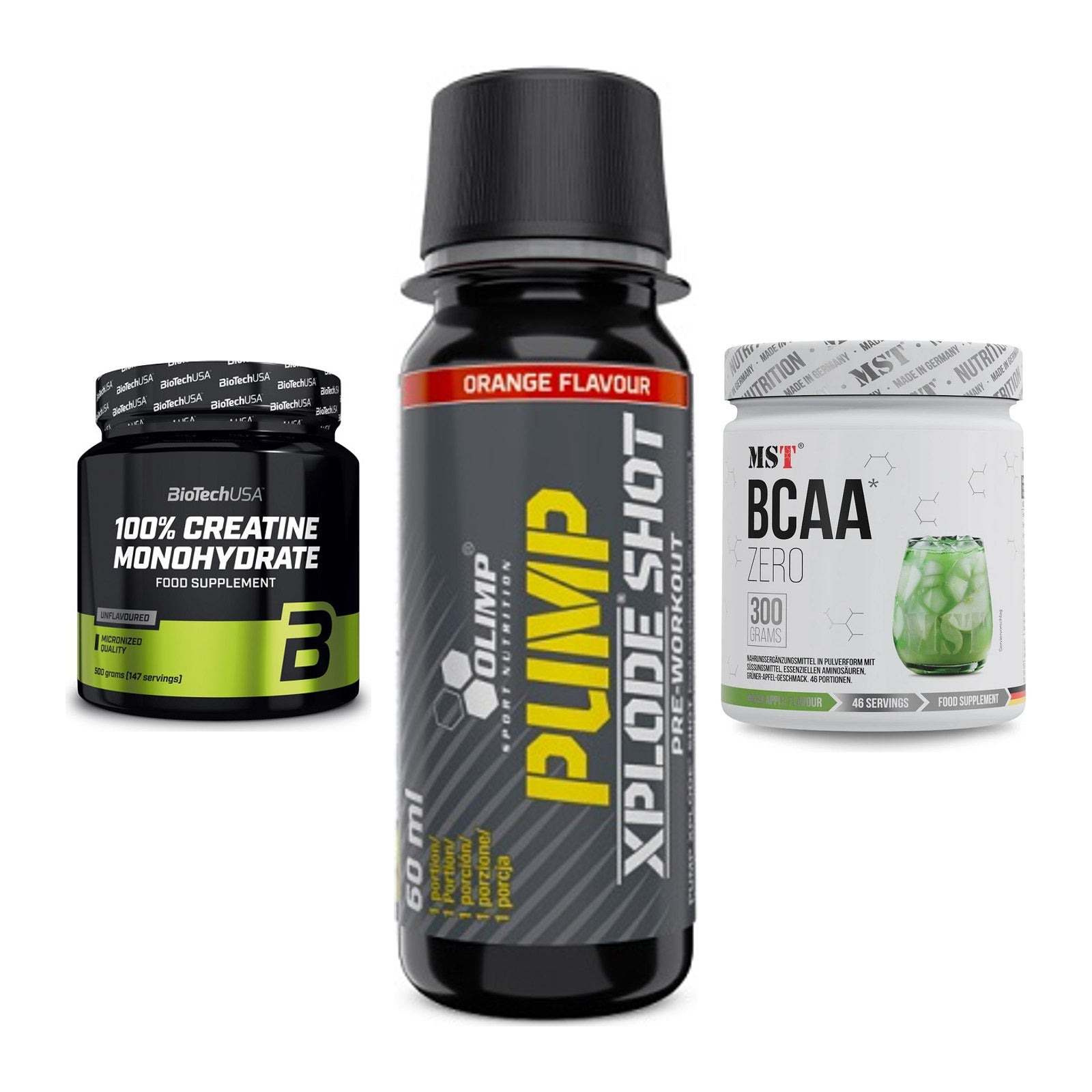 Kraft-Stack: BioTech Creatine + Olimp Pump Xplode + MST BCAA Zero – alle enthaltenen Artikel