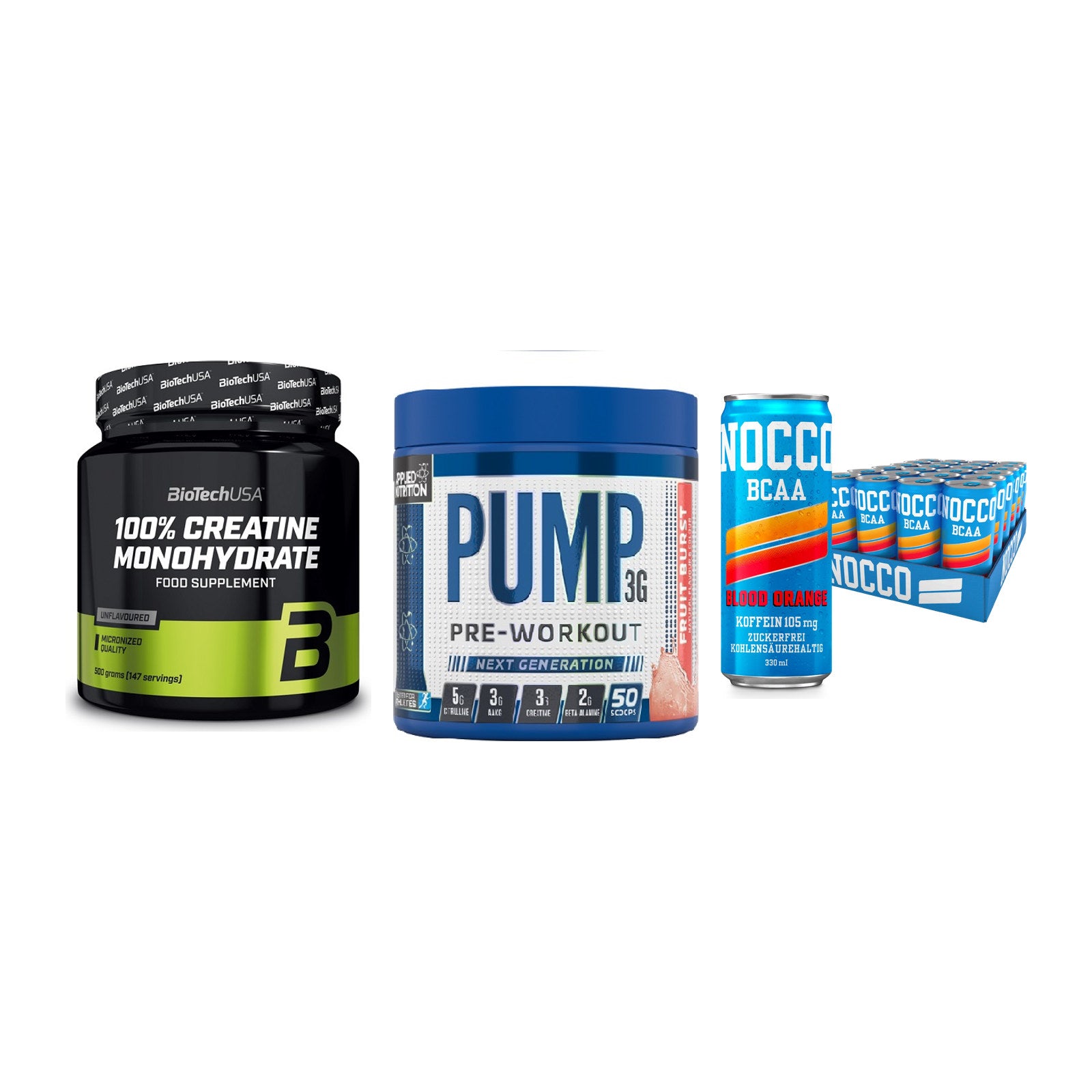 Kraft-Stack: BioTech Creatine + Applied Nutrition + Nocco BCAA Drink – alle enthaltenen Artikel