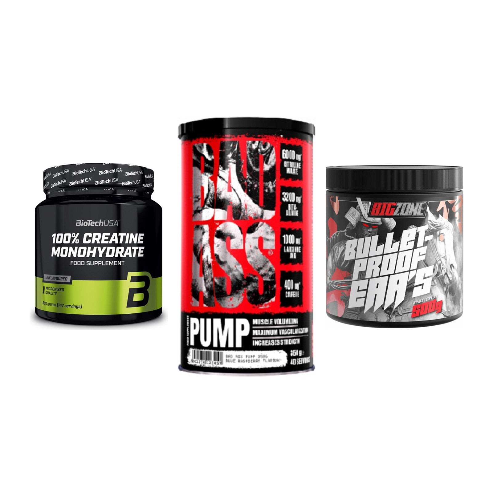 Kraft-Stack: BioTech Creatine + BAD ASS Pump + Big Zone Bulletpr – alle enthaltenen Artikel