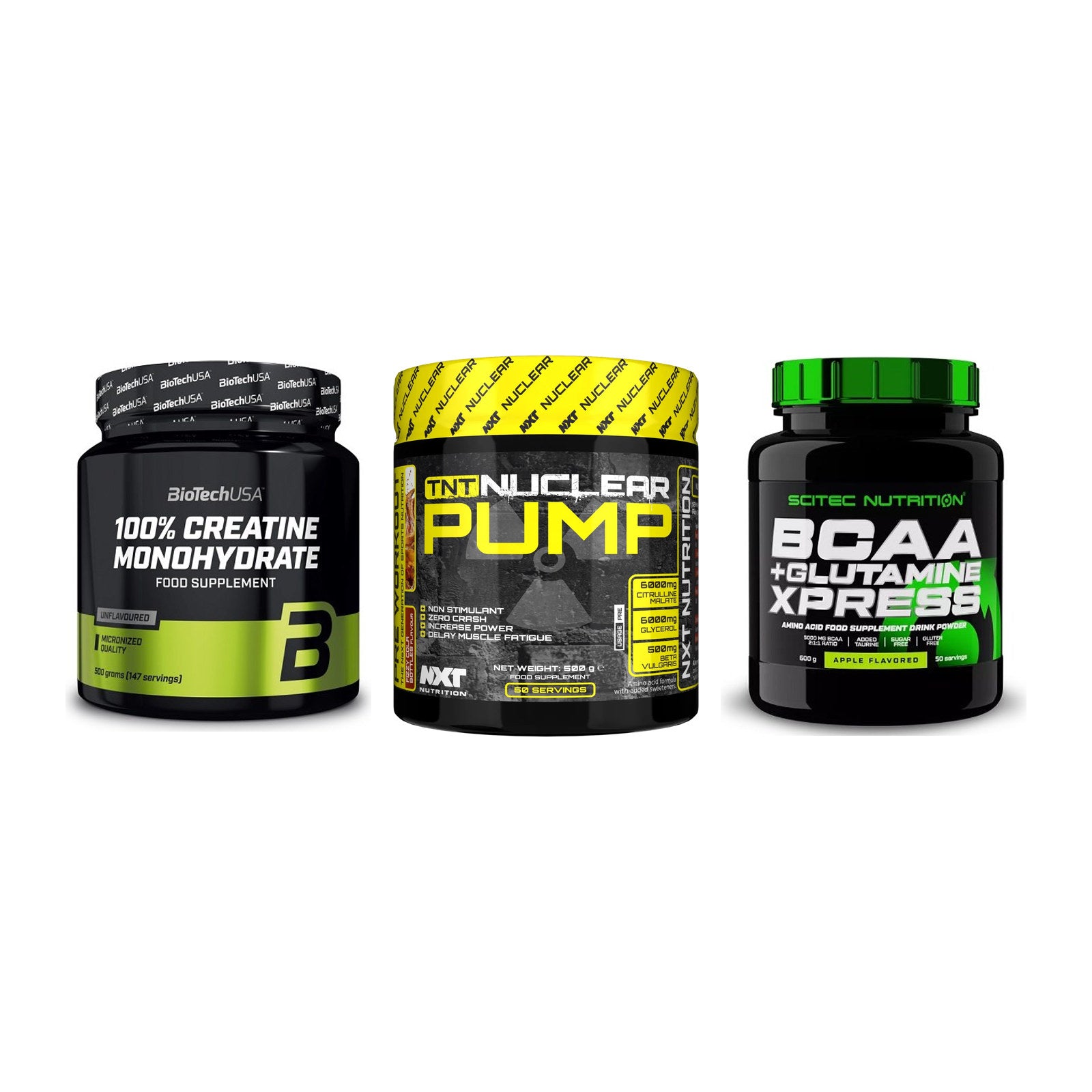 Kraft-Stack: BioTech Creatine + NXT Nutrition TNT + Scitec BCAA – alle enthaltenen Artikel