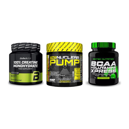 Kraft-Stack: BioTech Creatine + NXT Nutrition TNT + Scitec BCAA – alle enthaltenen Artikel