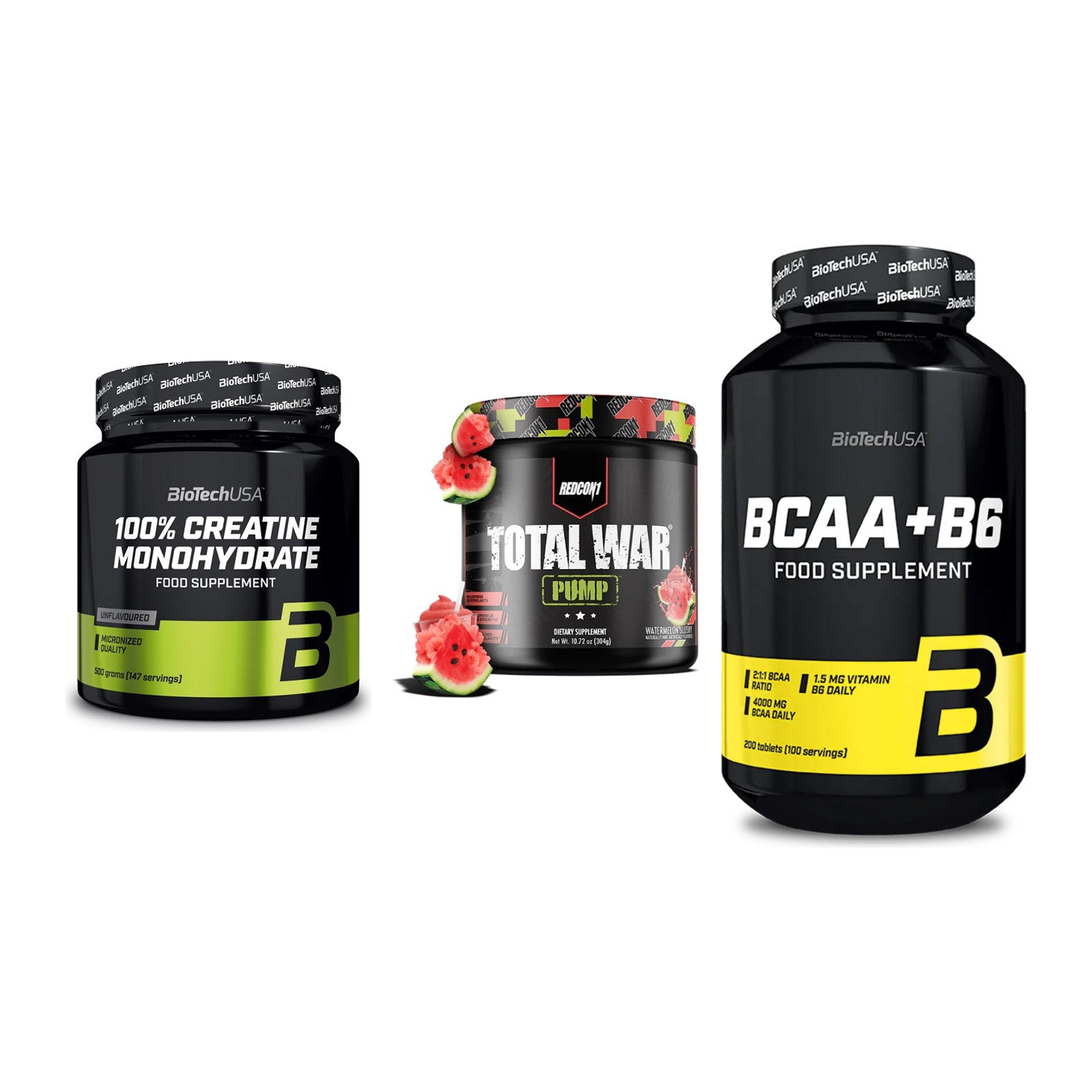 Kraft-Stack: BioTech Creatine + Redcon1 Total War + BioTech BCAA+B6 – alle enthaltenen Artikel