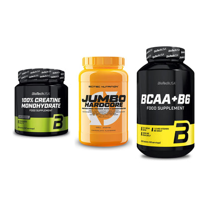 Kraft-Stack: BioTech Creatine + Scitec Jumbo + BioTech BCAA+B6 – alle enthaltenen Artikel