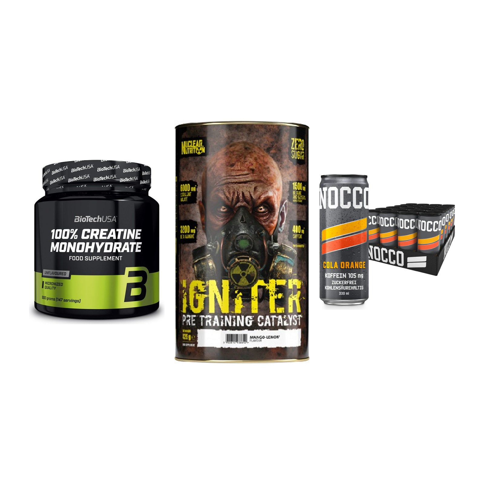 Kraft-Stack: BioTech Creatine + Nuclear Nutrition + Nocco BCAA Drink – alle enthaltenen Artikel
