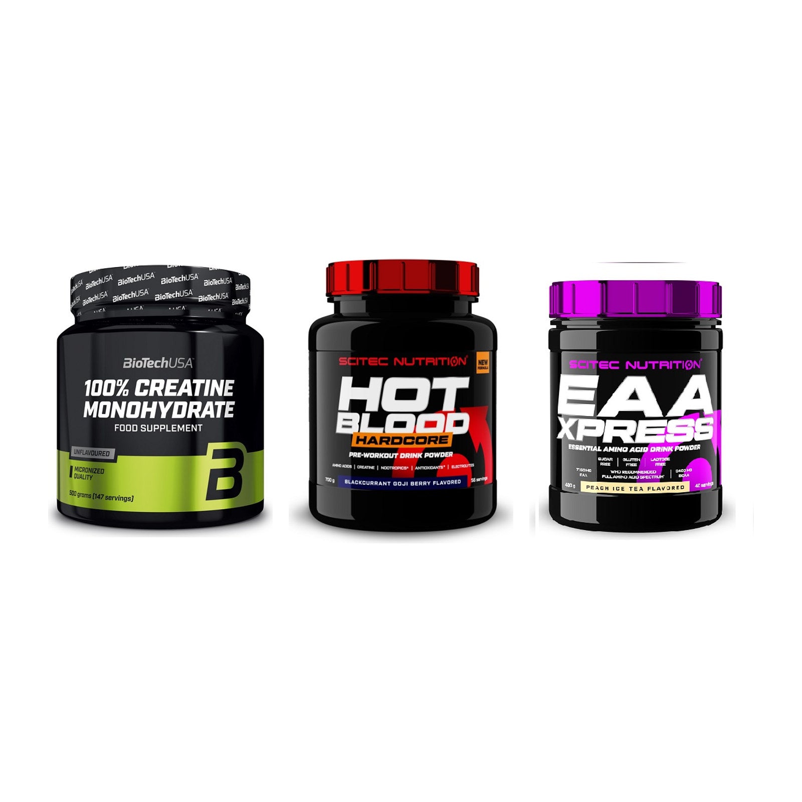 Kraft-Stack: BioTech Creatine + Scitec Hot Blood + Scitec EAA Xpress – alle enthaltenen Artikel