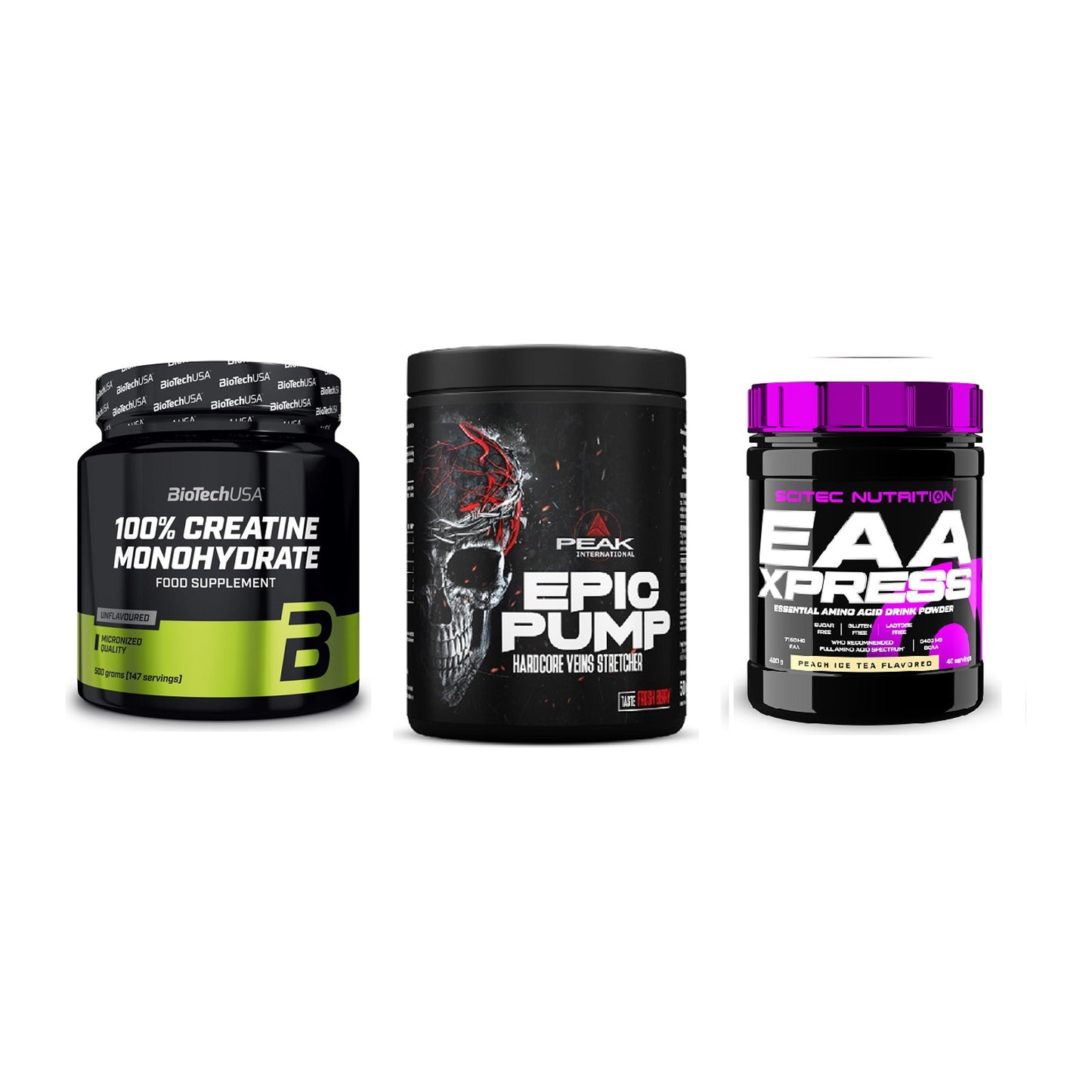 Kraft-Stack: BioTech Creatine + Peak EPIC Pump + Scitec EAA Xpress – alle enthaltenen Artikel