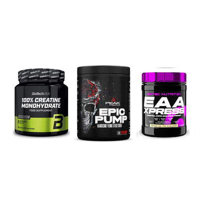 Kraft-Stack: BioTech Creatine + Peak EPIC Pump + Scitec EAA Xpress – alle enthaltenen Artikel