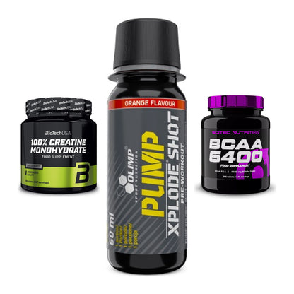 Kraft-Stack: BioTech Creatine + Olimp Pump Xplode + Scitec BCAA 6400 – alle enthaltenen Artikel