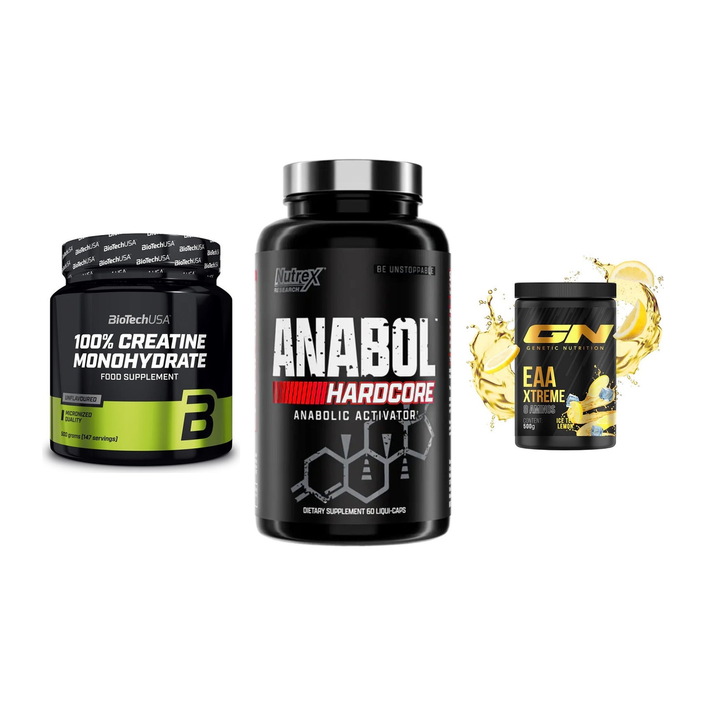 Kraft-Stack: BioTech Creatine + Nutrex Anabol + GN EAA Xtreme – alle enthaltenen Artikel