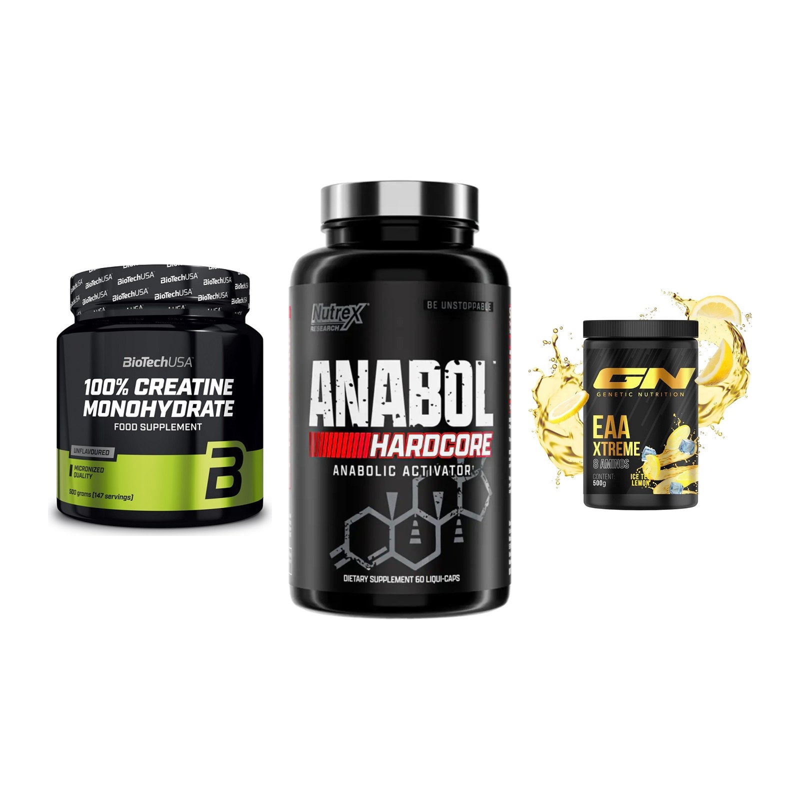 Kraft-Stack: BioTech Creatine + Nutrex Anabol + GN EAA Xtreme – alle enthaltenen Artikel