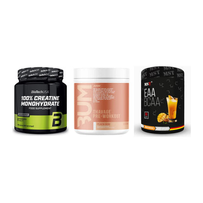 Kraft-Stack: BioTech Creatine + RAW Nutrition + MST EAA & BCAA – alle enthaltenen Artikel