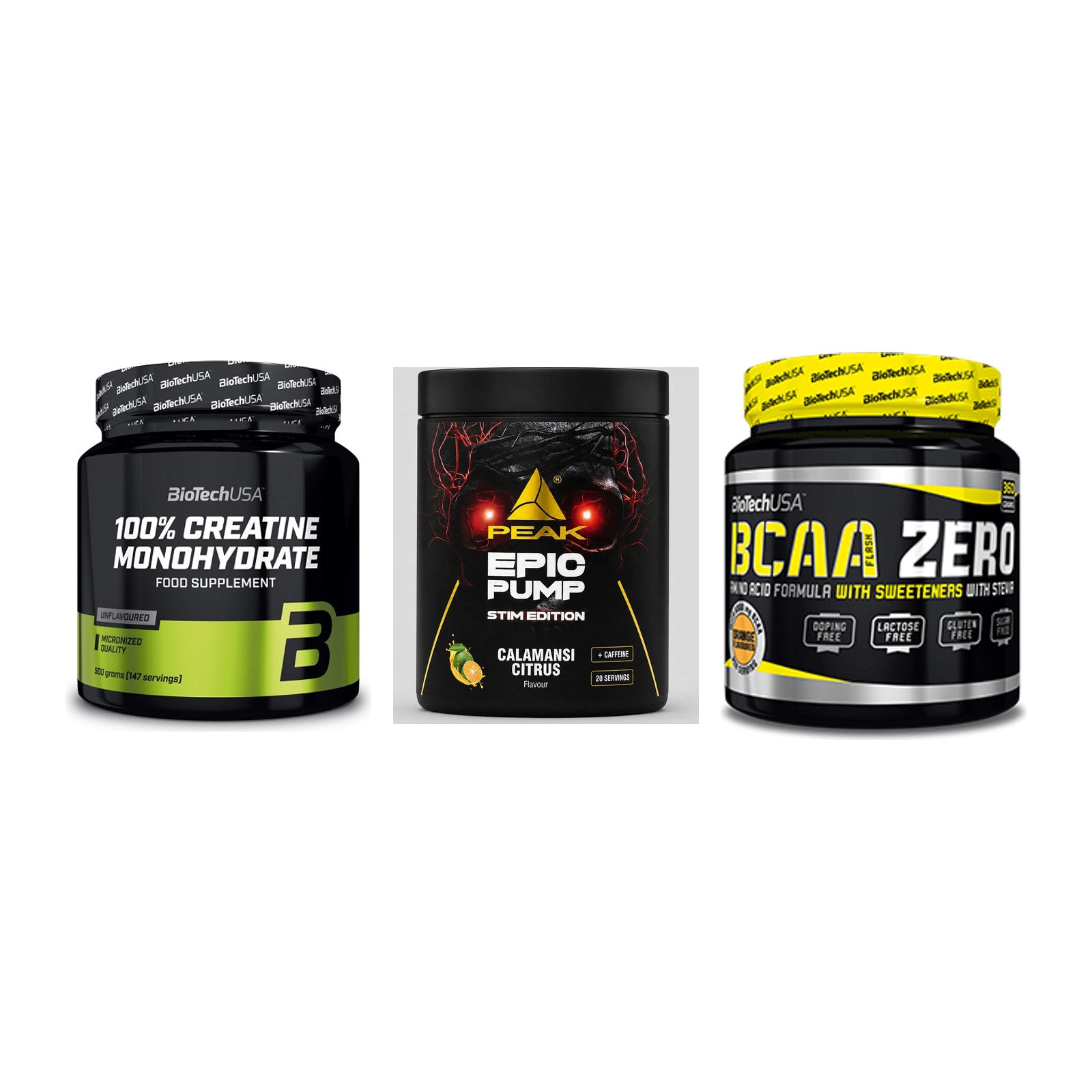 Kraft-Stack: BioTech Creatine + Peak Epic Pump + BioTech BCAA Zero – alle enthaltenen Artikel