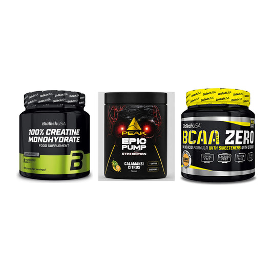 Kraft-Stack: BioTech Creatine + Peak Epic Pump + BioTech BCAA Zero – alle enthaltenen Artikel