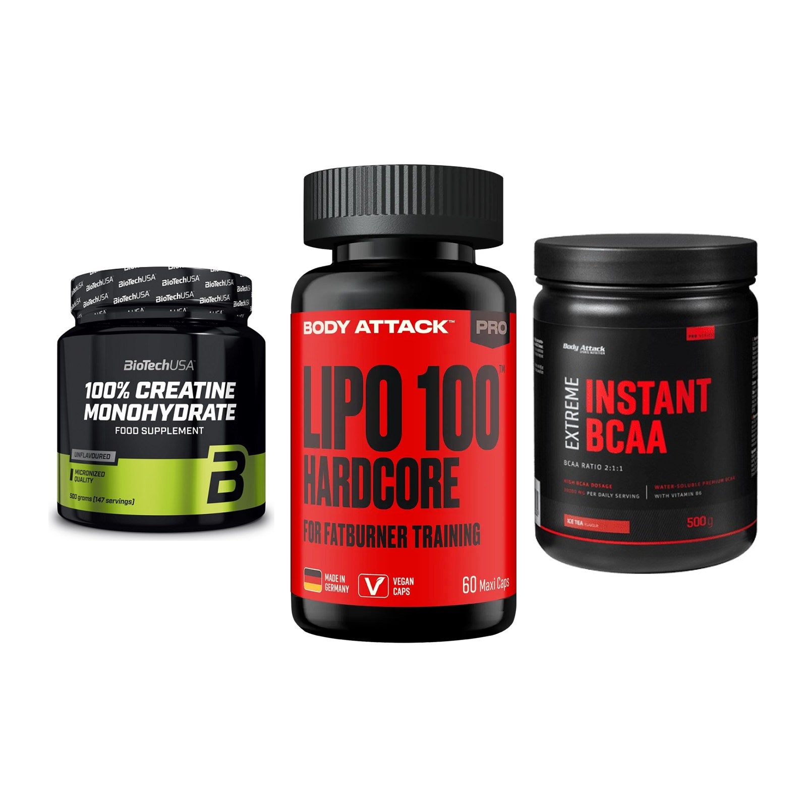 Kraft-Stack: BioTech Creatine + Body Attack LIPO + Body Attack – alle enthaltenen Artikel