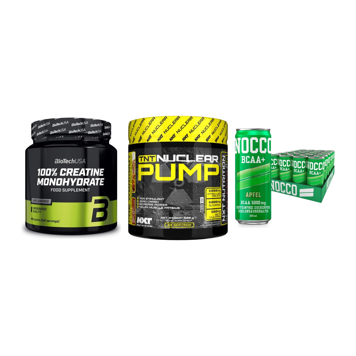 Kraft-Stack: BioTech Creatine + NXT Nutrition TNT + Nocco BCAA Drink – alle enthaltenen Artikel