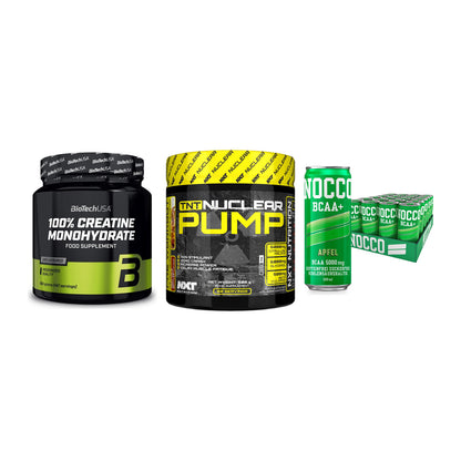 Kraft-Stack: BioTech Creatine + NXT Nutrition TNT + Nocco BCAA Drink – alle enthaltenen Artikel