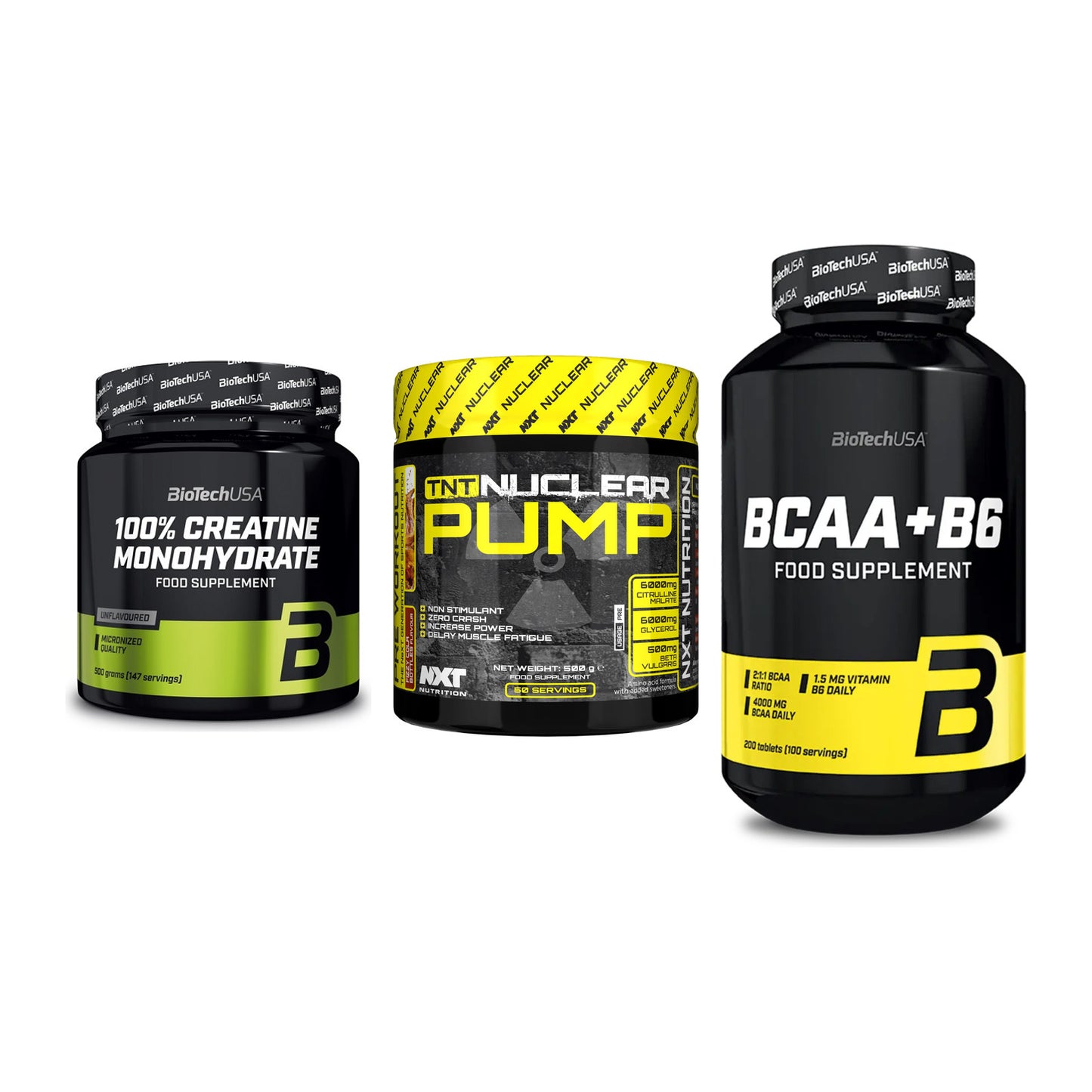 Kraft-Stack: BioTech Creatine + NXT Nutrition TNT + BioTech BCAA+B6 – alle enthaltenen Artikel