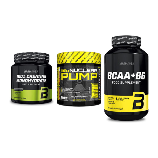 Kraft-Stack: BioTech Creatine + NXT Nutrition TNT + BioTech BCAA+B6 – alle enthaltenen Artikel