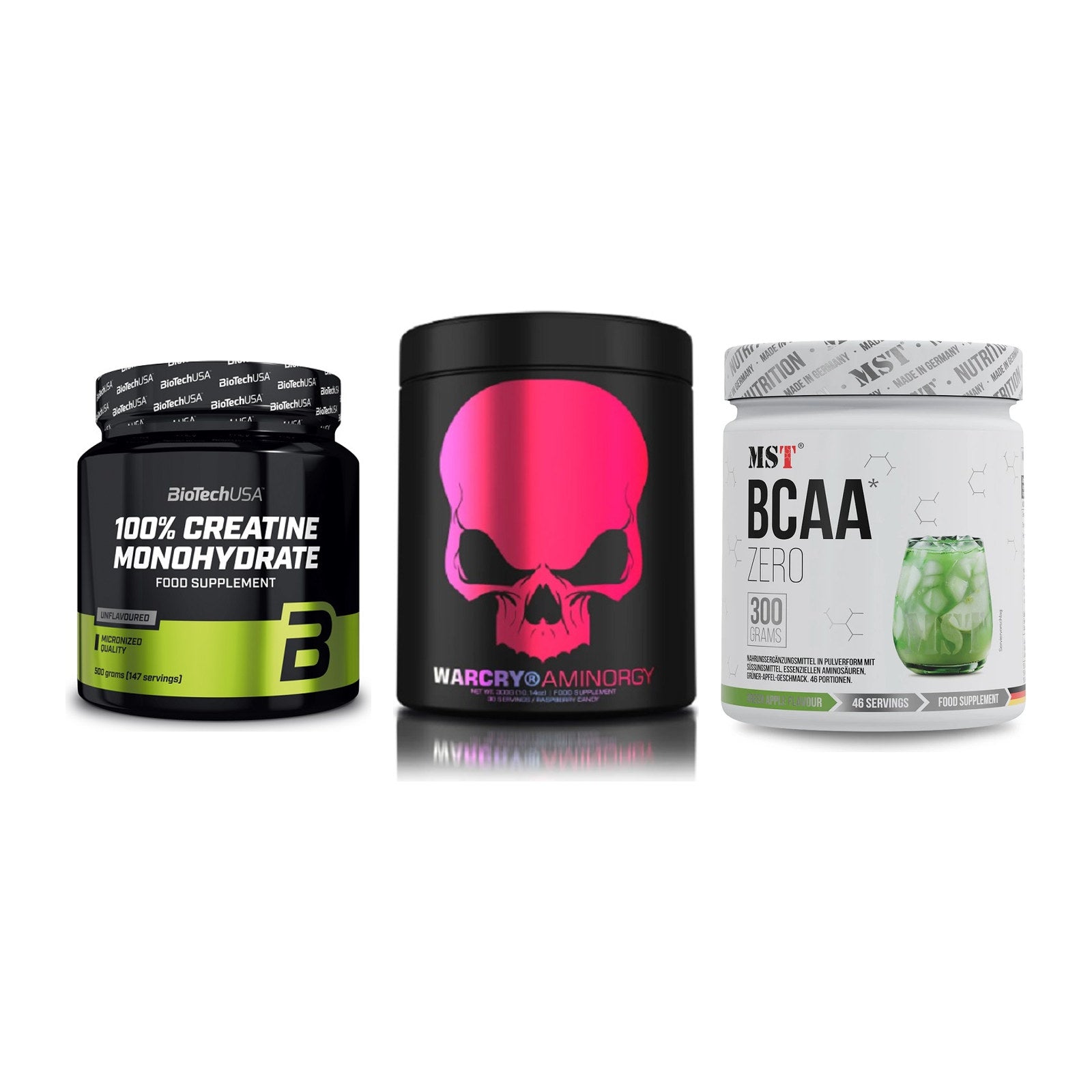 Kraft-Stack: BioTech Creatine + Genius Nutrition + MST BCAA Zero – alle enthaltenen Artikel