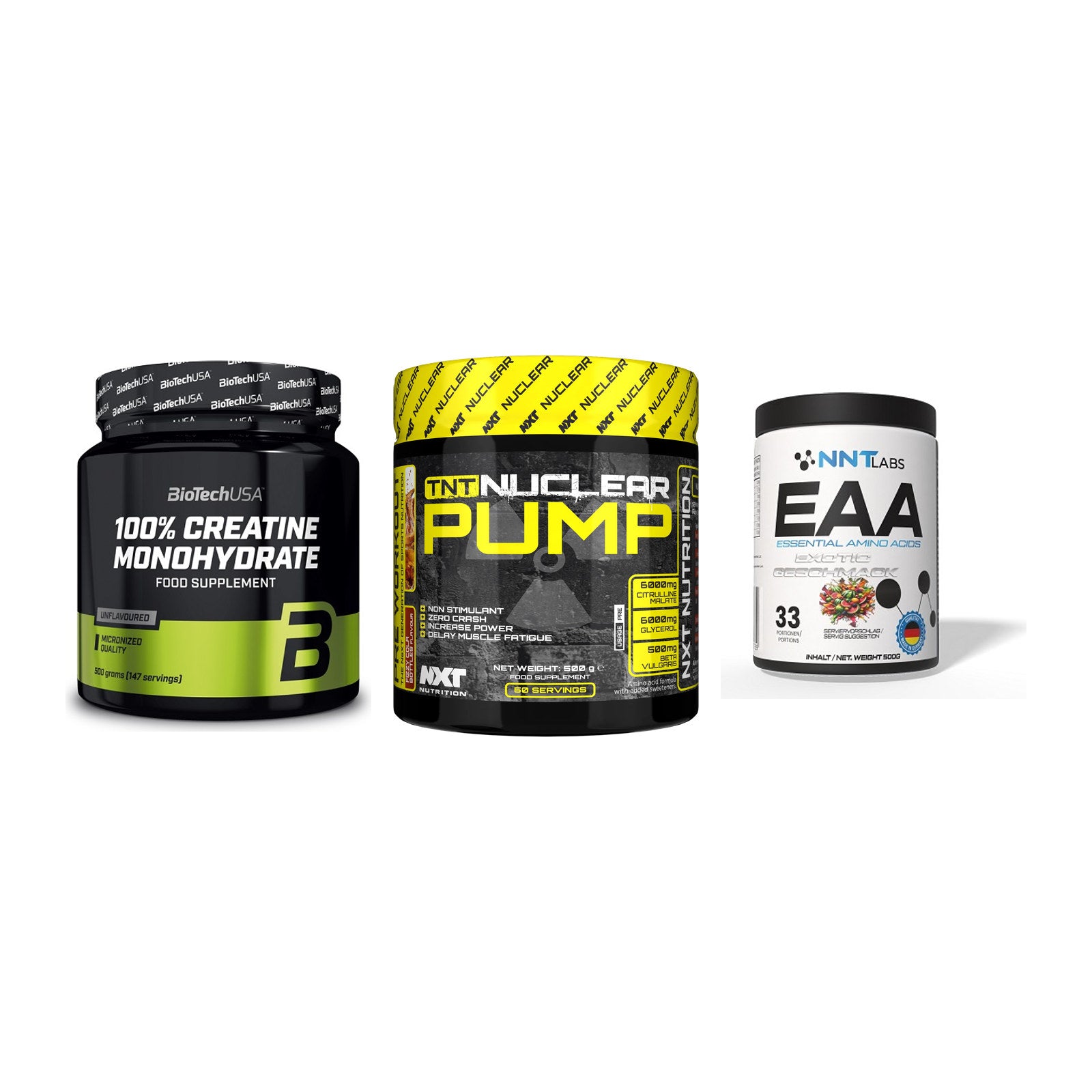 Kraft-Stack: BioTech Creatine + NXT Nutrition TNT + NNT EAA – alle enthaltenen Artikel