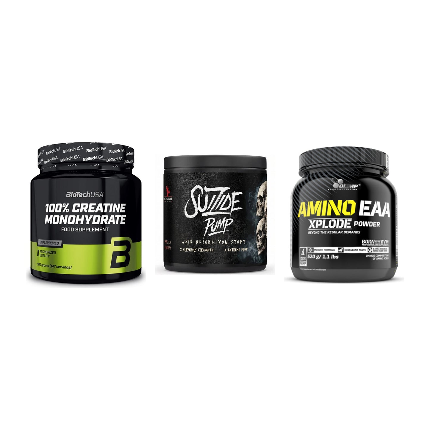 Kraft-Stack: BioTech Creatine + #GYMJUICE SUIZIDE + Olimp Amino EAA – alle enthaltenen Artikel