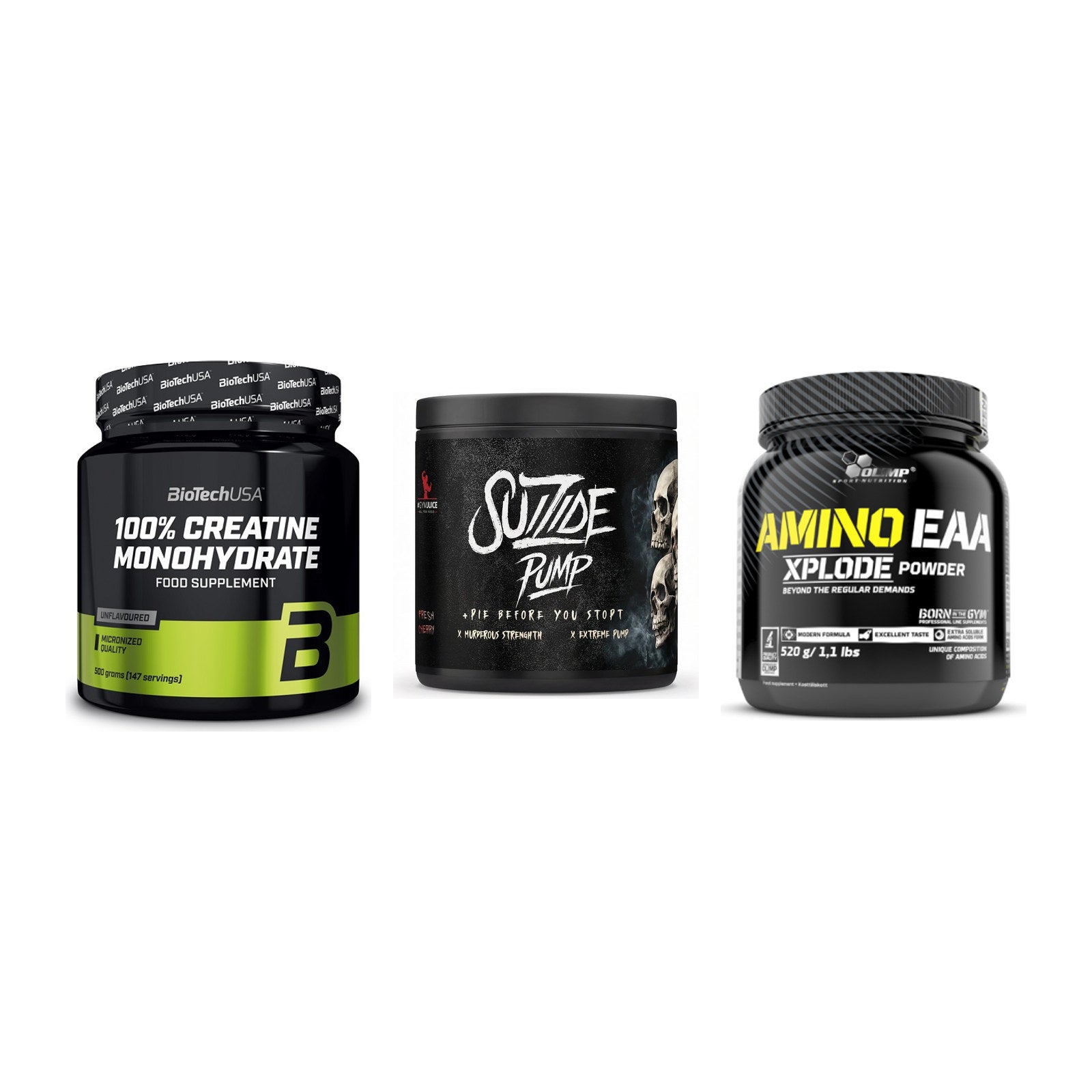 Kraft-Stack: BioTech Creatine + #GYMJUICE SUIZIDE + Olimp Amino EAA – alle enthaltenen Artikel