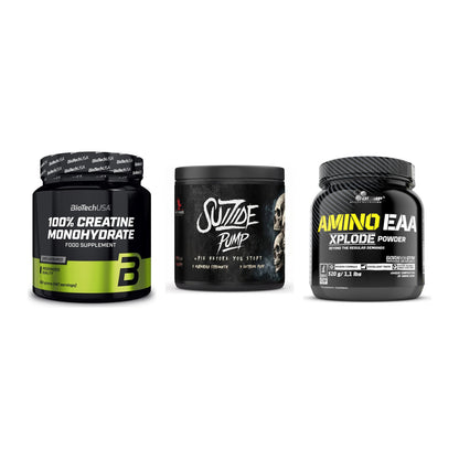 Kraft-Stack: BioTech Creatine + #GYMJUICE SUIZIDE + Olimp Amino EAA – alle enthaltenen Artikel
