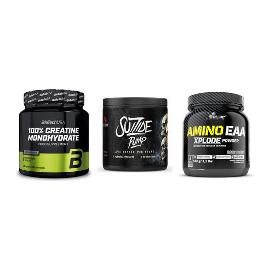 Kraft-Stack: BioTech Creatine + #GYMJUICE SUIZIDE + Olimp Amino EAA – alle enthaltenen Artikel