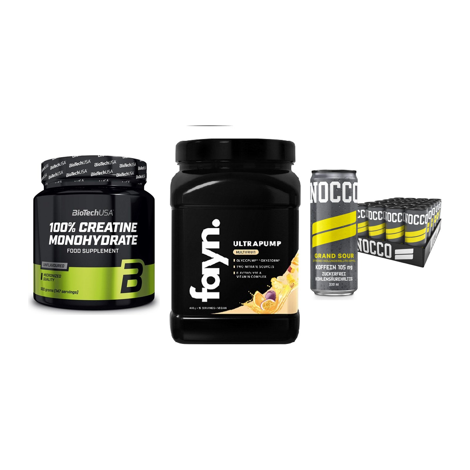 Kraft-Stack: BioTech Creatine + Fayn. Ultrapump + Nocco BCAA Drink – alle enthaltenen Artikel