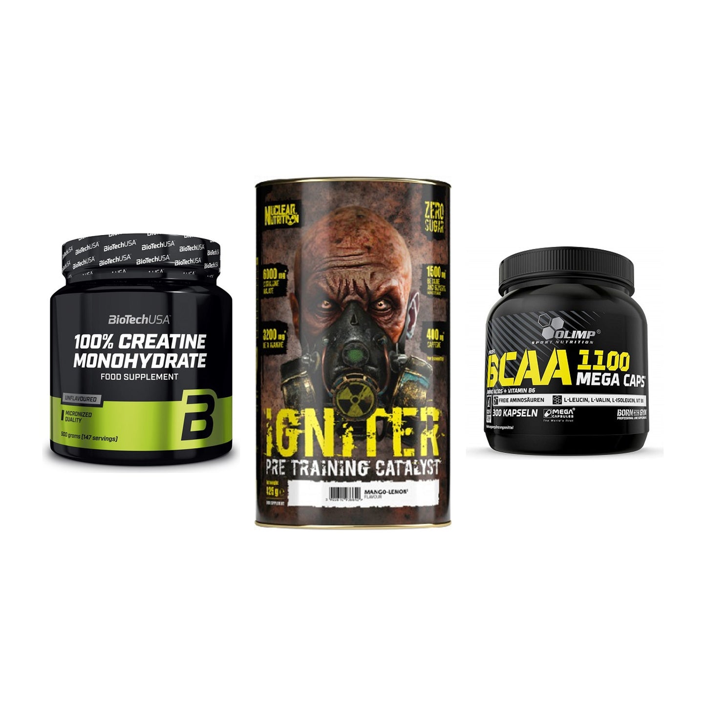 Kraft-Stack: BioTech Creatine + Nuclear Nutrition + Olimp BCAA Mega – alle enthaltenen Artikel