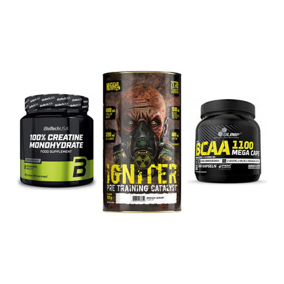 Kraft-Stack: BioTech Creatine + Nuclear Nutrition + Olimp BCAA Mega – alle enthaltenen Artikel