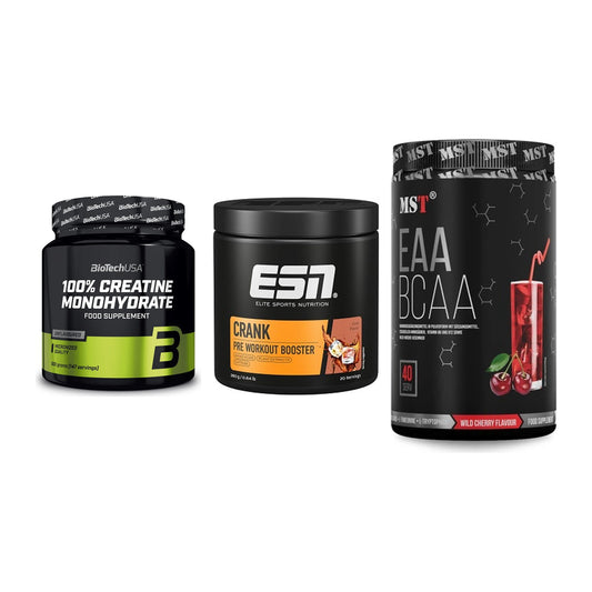 Kraft-Stack: BioTech Creatine + ESN Crank Booster + MST EAA & BCAA – alle enthaltenen Artikel