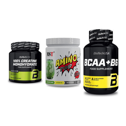 Kraft-Stack: BioTech Creatine + MST Amino Pump + BioTech BCAA+B6 – alle enthaltenen Artikel