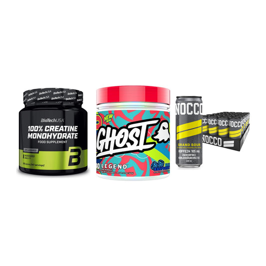 Kraft-Stack: BioTech Creatine + Ghost Legend V4 + Nocco BCAA Drink – alle enthaltenen Artikel