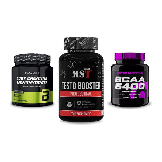 Kraft-Stack: BioTech Creatine + MST Testo Booster + Scitec BCAA 6400 – alle enthaltenen Artikel