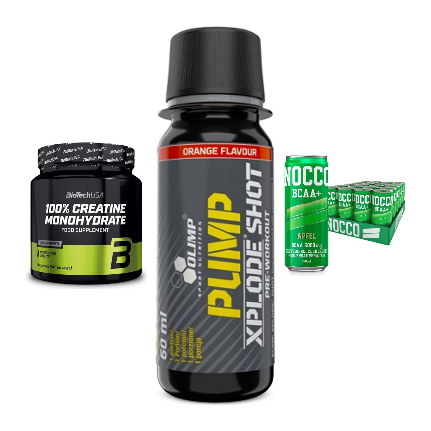 Kraft-Stack: BioTech Creatine + Olimp Pump Xplode + Nocco BCAA Drink – alle enthaltenen Artikel