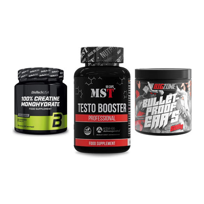 Kraft-Stack: BioTech Creatine + MST Testo Booster + Big Zone Bulletpr – alle enthaltenen Artikel