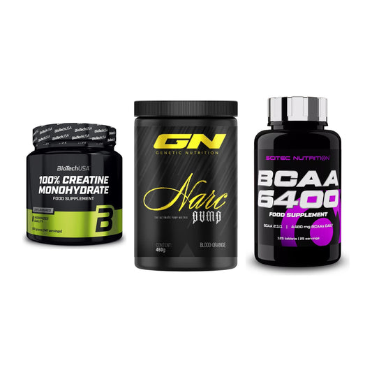 Kraft-Stack: BioTech Creatine + GN Narc Pump + Scitec BCAA 6400 – alle enthaltenen Artikel