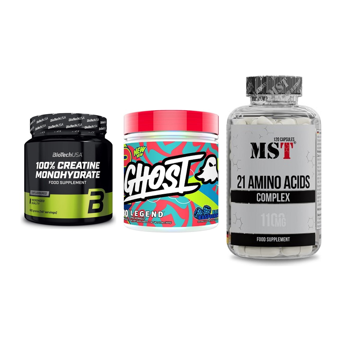 Kraft-Stack: BioTech Creatine + Ghost Legend V4 + MST 21 Amino – alle enthaltenen Artikel