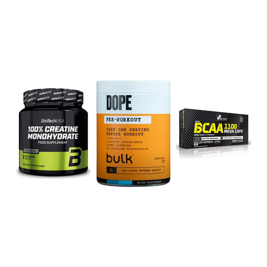Kraft-Stack: BioTech Creatine + Bulk Dope + Olimp BCAA Mega – alle enthaltenen Artikel