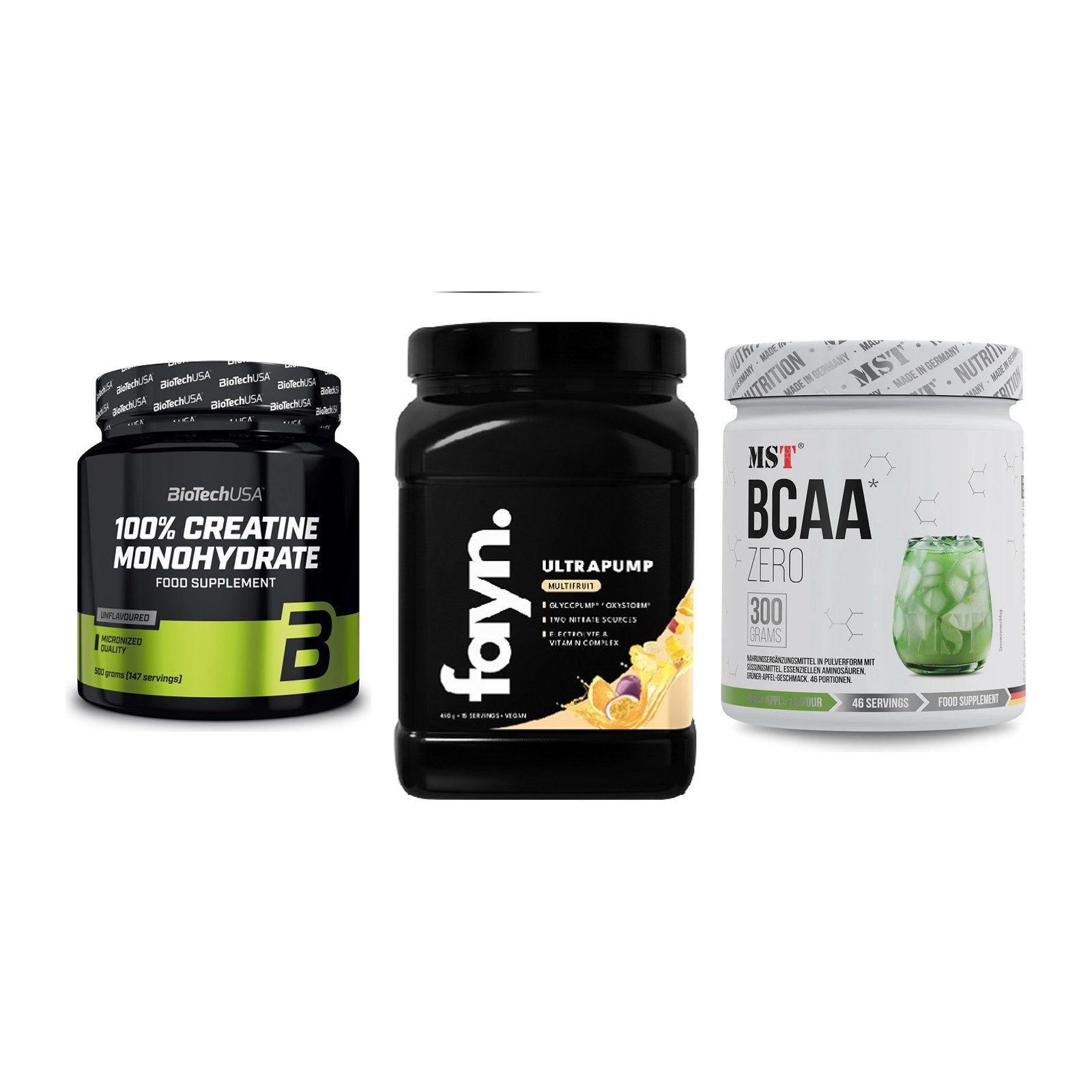 Kraft-Stack: BioTech Creatine + Fayn. Ultrapump + MST BCAA Zero – alle enthaltenen Artikel
