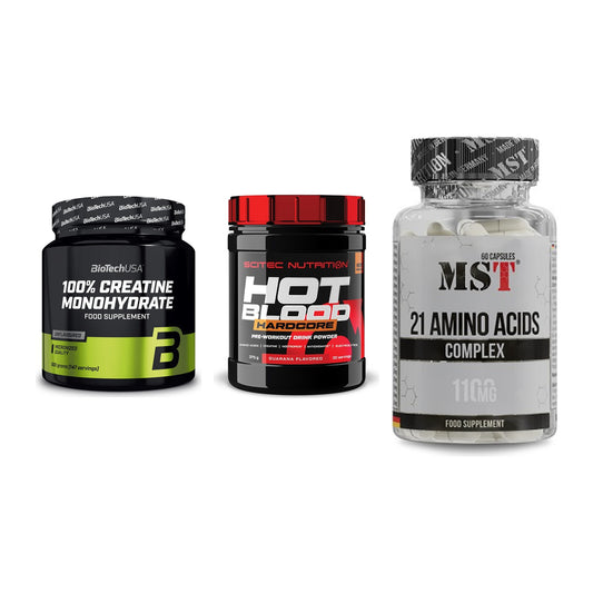 Kraft-Stack: BioTech Creatine + Scitec Hot Blood + MST 21 Amino – alle enthaltenen Artikel