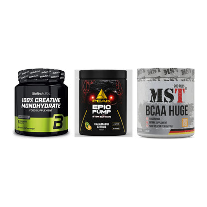 Kraft-Stack: BioTech Creatine + Peak Epic Pump + MST BCAA Huge 200 – alle enthaltenen Artikel