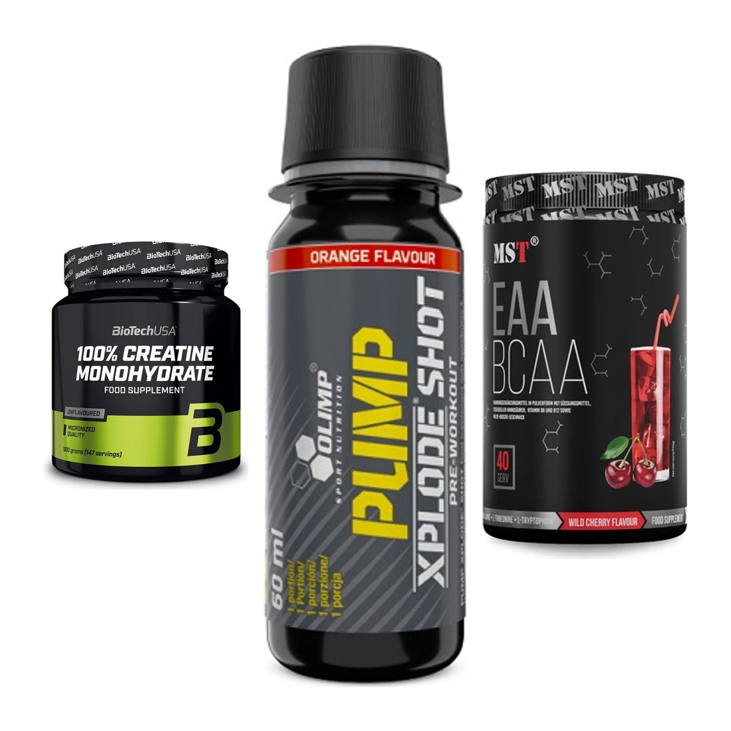 Kraft-Stack: BioTech Creatine + Olimp Pump Xplode + MST EAA & BCAA – alle enthaltenen Artikel